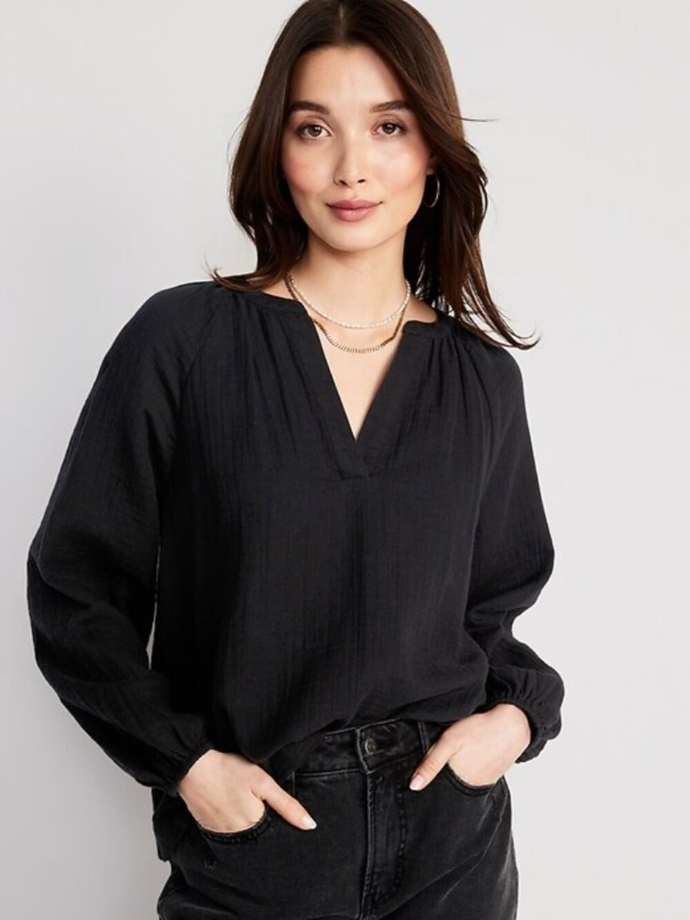 Old Navy Blouse Women S Black Gauze Split Neck Long Sleeve Relaxed Casual P3929